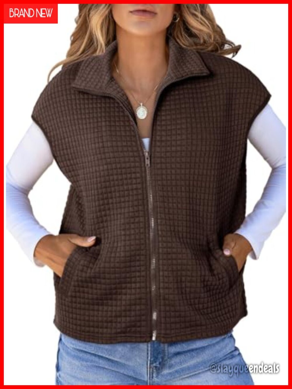 Waffle Knit Vest Top Cap Sleeve Zip Up Sleeveless Sweatshirt
